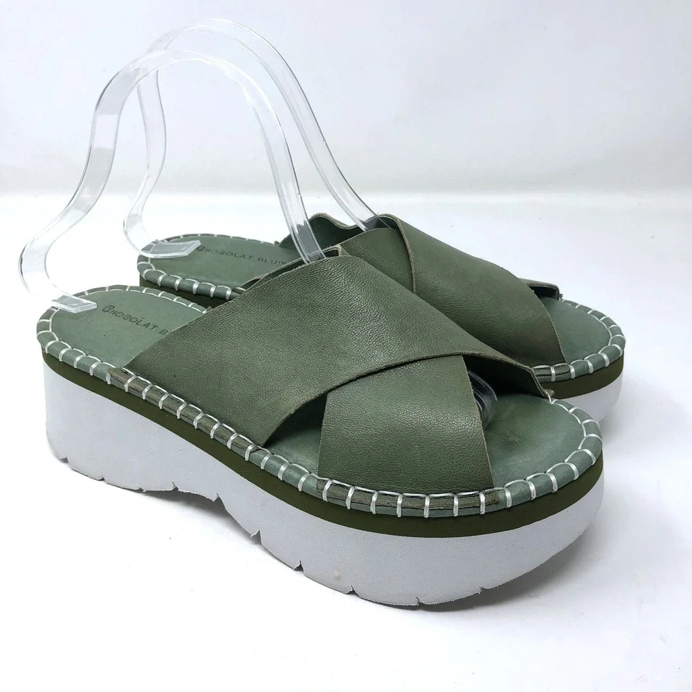 Chocolat Blu Magic Platform Sandal Women 40 US 9 Green Leather Whipstitch Slide